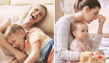 one half showing a mother and child in a bright, positive environment and the other half depicting a mother and child in a dark, negative environment. This emphasizes the impact of both toxic positivity and toxic negativity on motherhood.